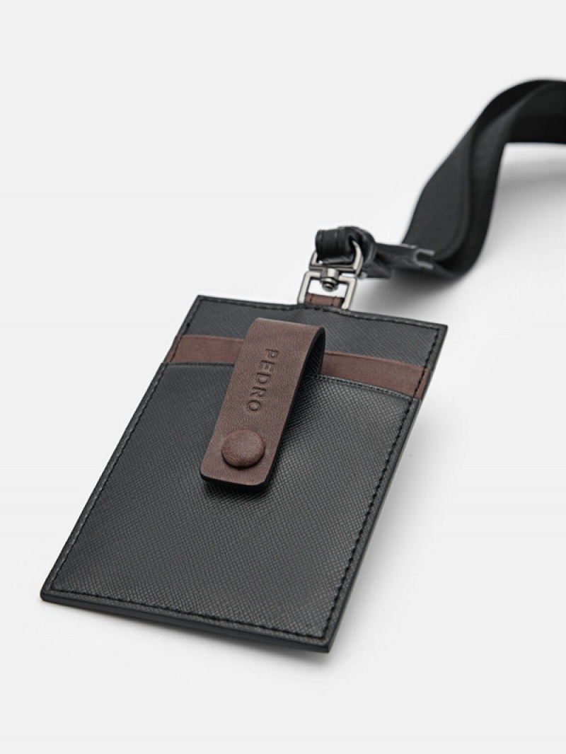 Black Men's Pedro Leather Lanyard Card Holder | YAIOTR-810