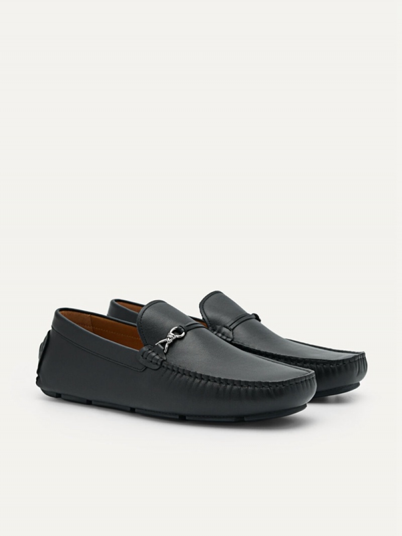 Black Men's Pedro Leather Metal Bit Moccasins | OERQZS-916