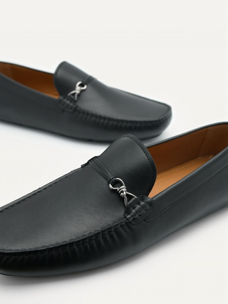 Black Men's Pedro Leather Metal Bit Moccasins | OERQZS-916