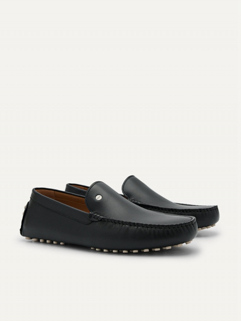 Black Men's Pedro Leather Moccasins | FBJUIH-604