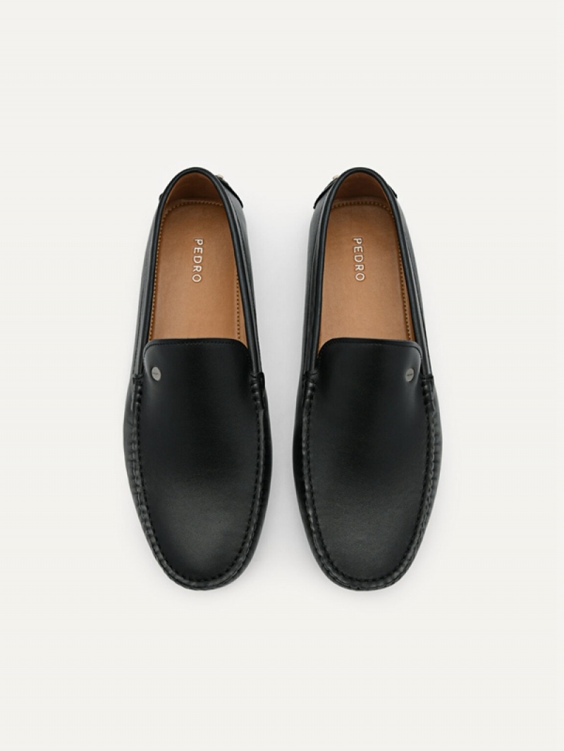 Black Men's Pedro Leather Moccasins | FBJUIH-604