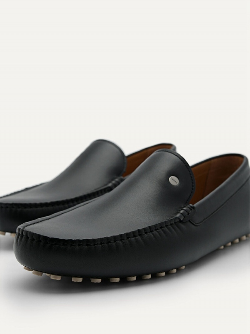 Black Men's Pedro Leather Moccasins | FBJUIH-604