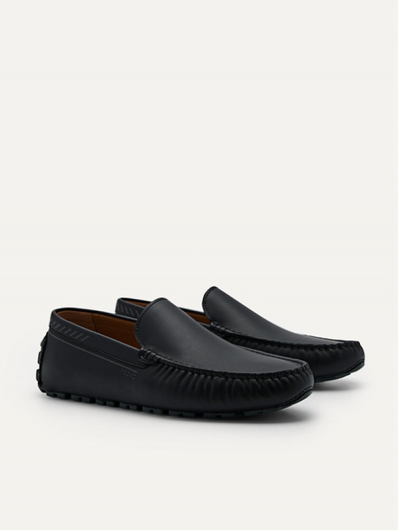 Black Men's Pedro Leather Moccasins | PGRWOC-810