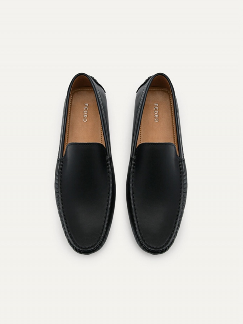 Black Men's Pedro Leather Moccasins | PGRWOC-810