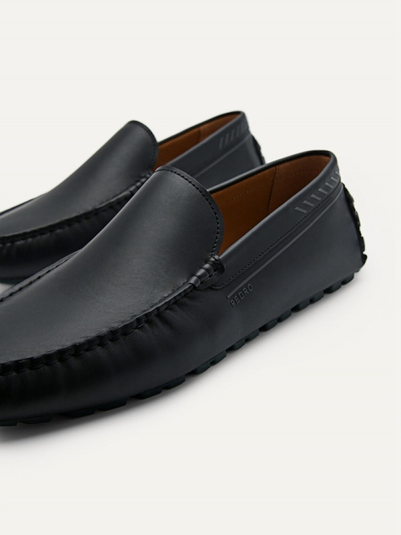 Black Men's Pedro Leather Moccasins | PGRWOC-810