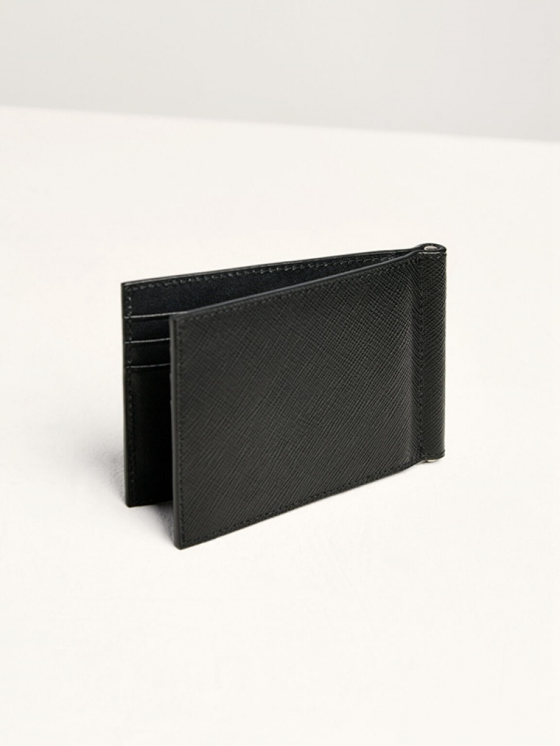 Black Men's Pedro Leather Money Clip Cardholder Bifold Wallet | ELICTV-683