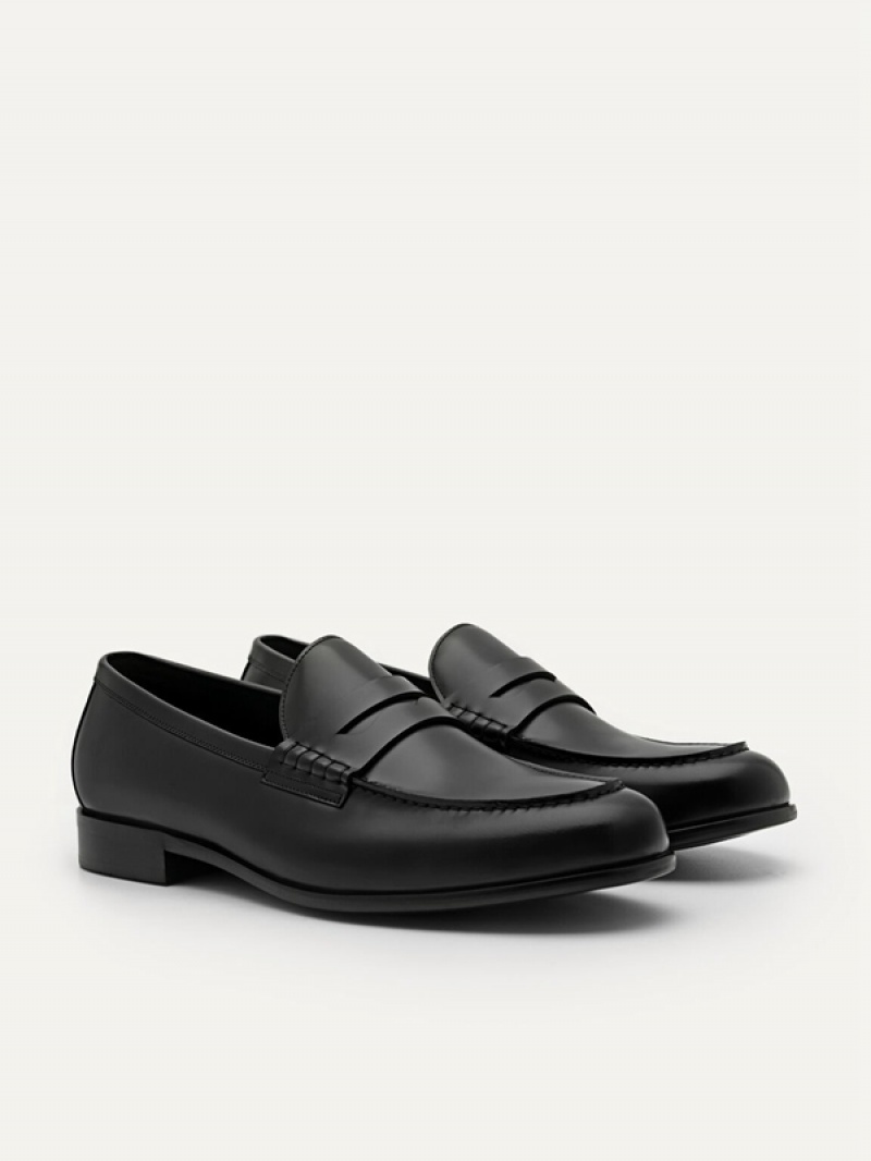 Black Men's Pedro Leather Penny Loafers | PLQVGB-042