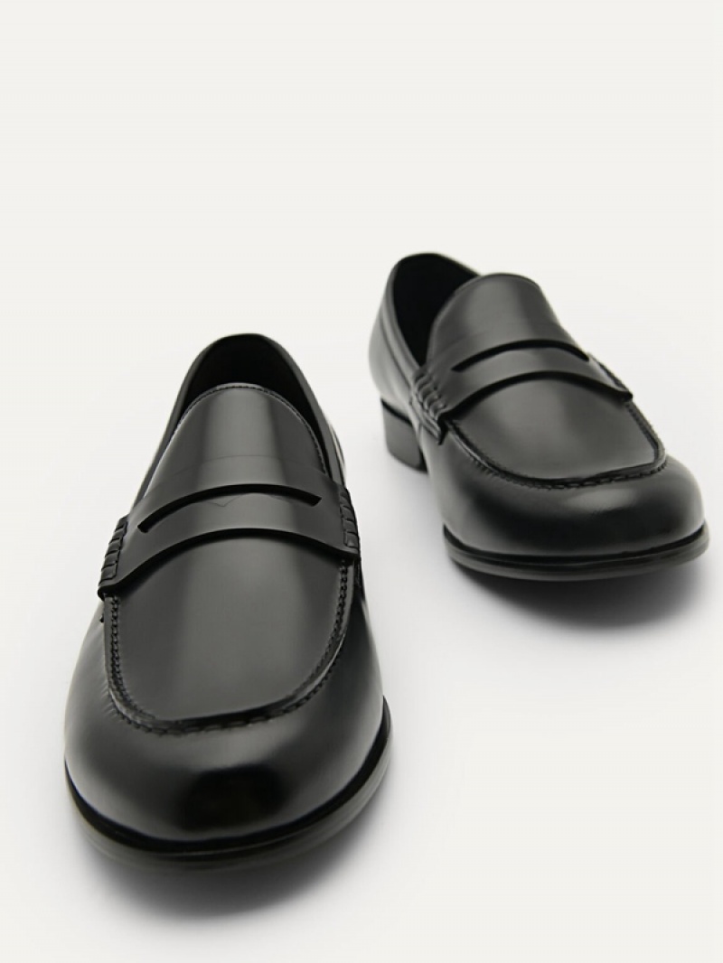 Black Men's Pedro Leather Penny Loafers | PLQVGB-042