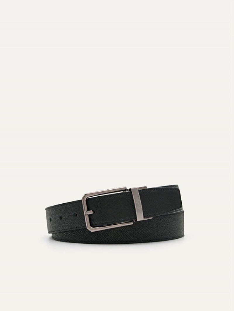 Black Men\'s Pedro Leather Reversible Pin Belt | DRTMSP-846