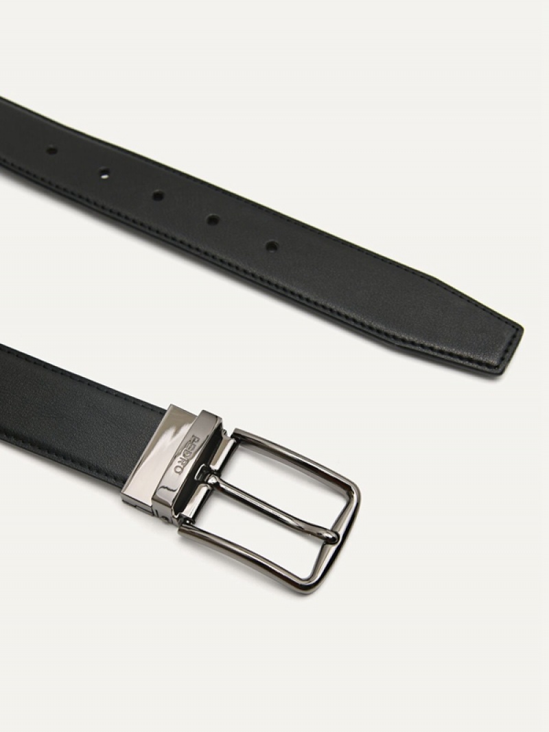 Black Men's Pedro Leather Reversible Pin Belt | AGKEZF-195