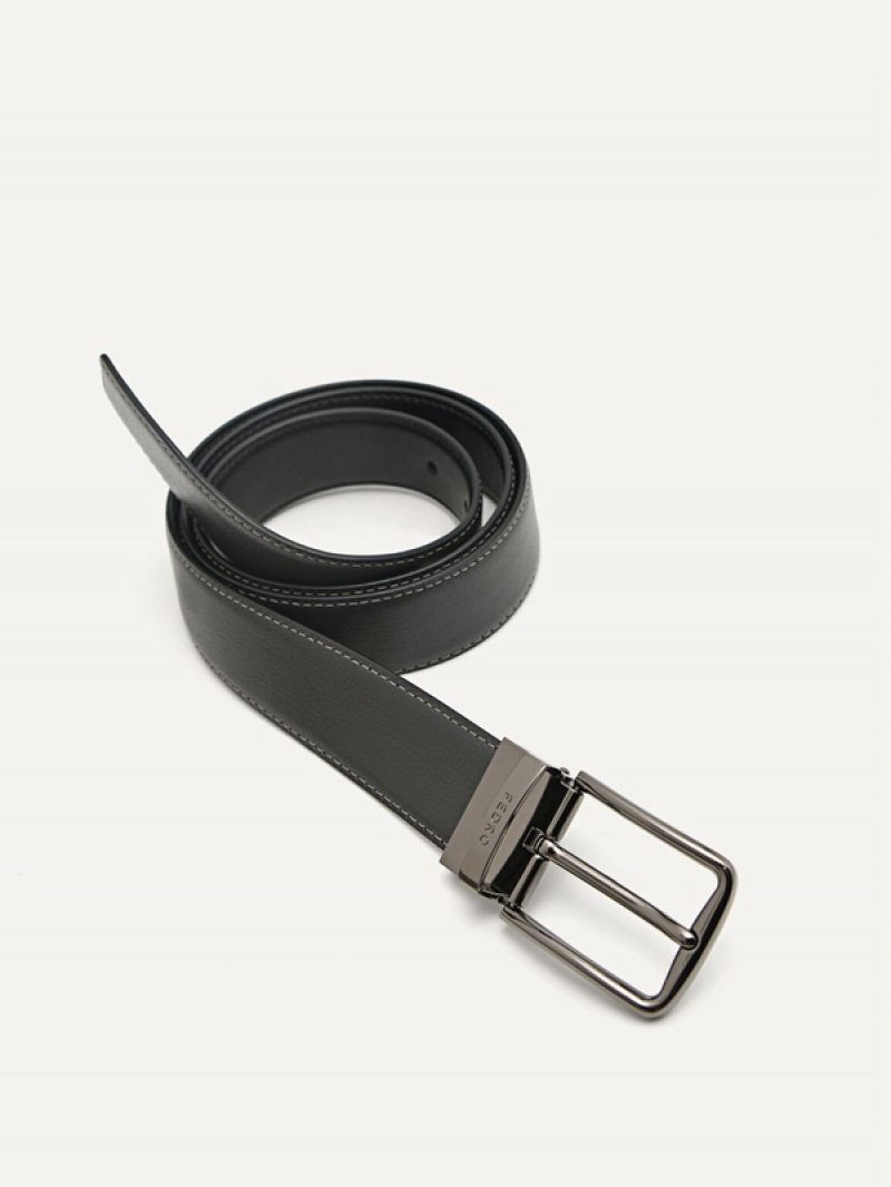 Black Men's Pedro Leather Reversible Pin Belt | AGKEZF-195