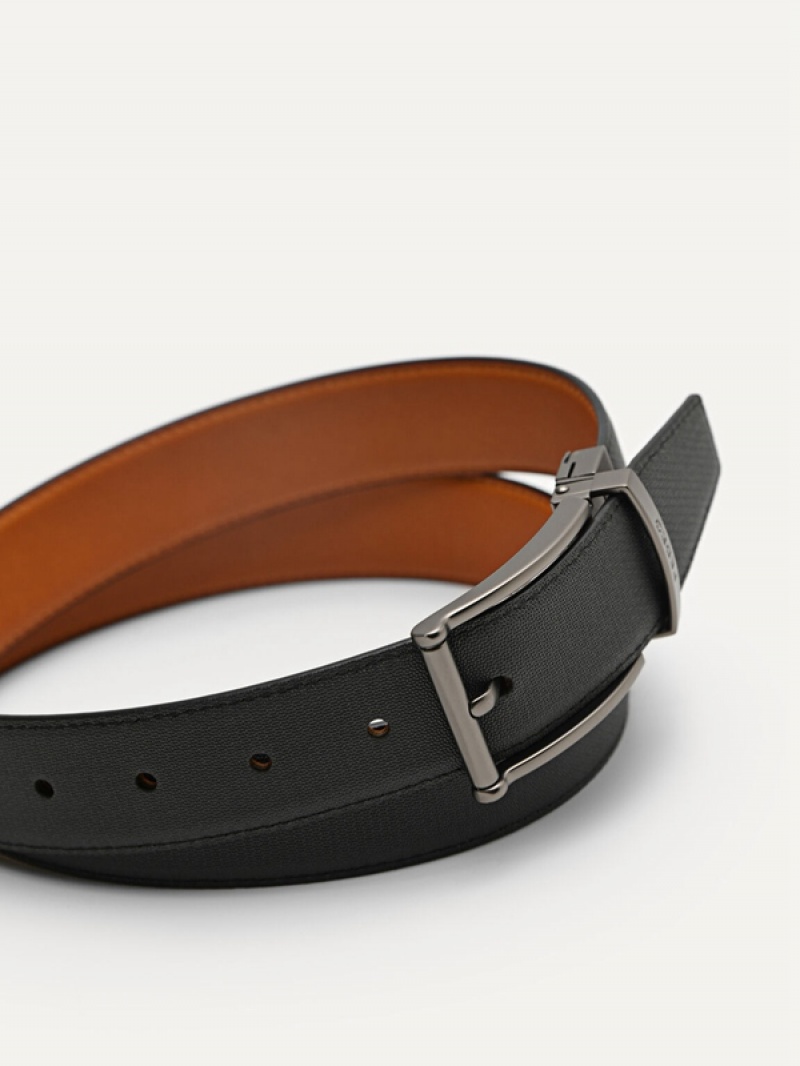 Black Men's Pedro Leather Reversible Pin Belt | GRUBIJ-791