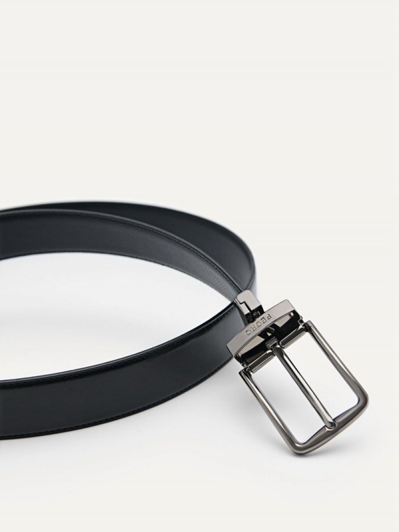 Black Men's Pedro Leather Reversible Pin Belt | GKQAWF-781