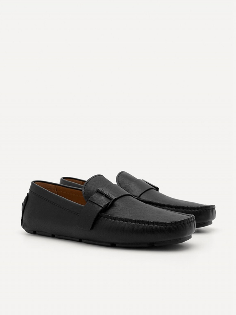 Black Men's Pedro Leather Strap Moccasins | POCAFQ-367