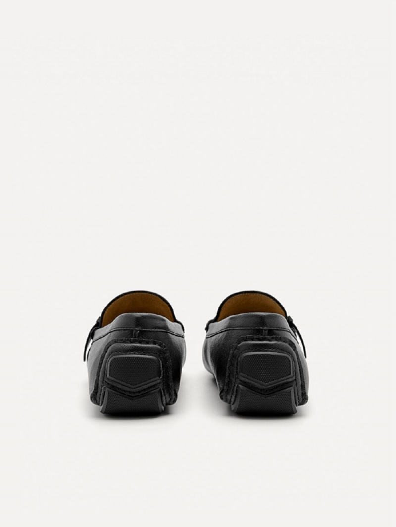 Black Men's Pedro Leather Strap Moccasins | POCAFQ-367