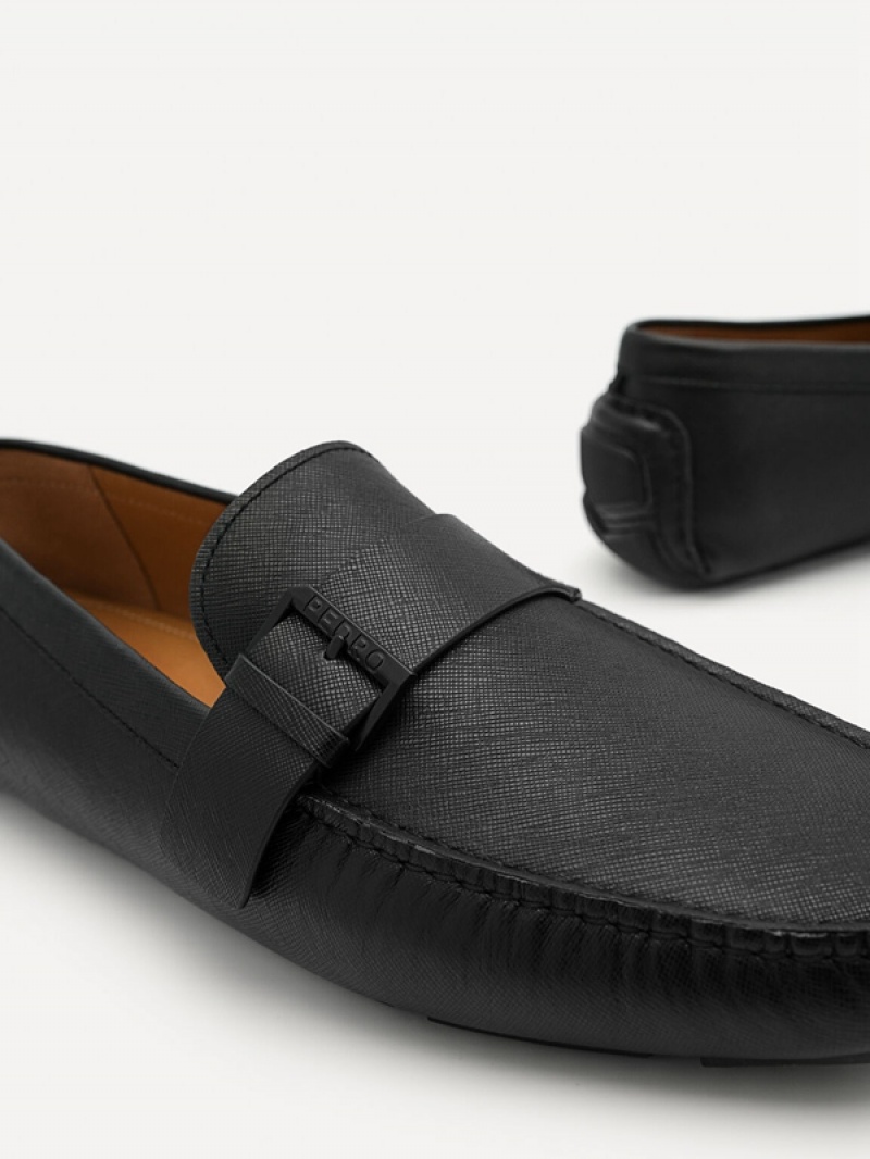 Black Men's Pedro Leather Strap Moccasins | POCAFQ-367