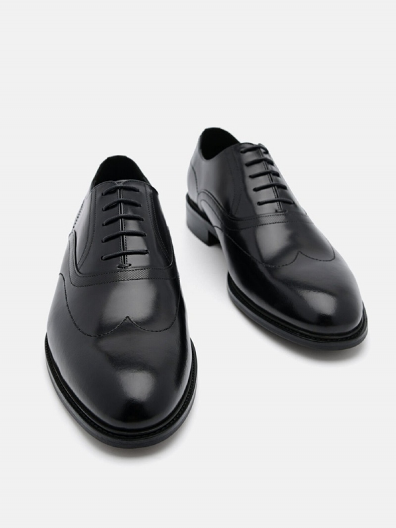 Black Men's Pedro Leather Wingtip Oxford Shoes | JLFZVO-756