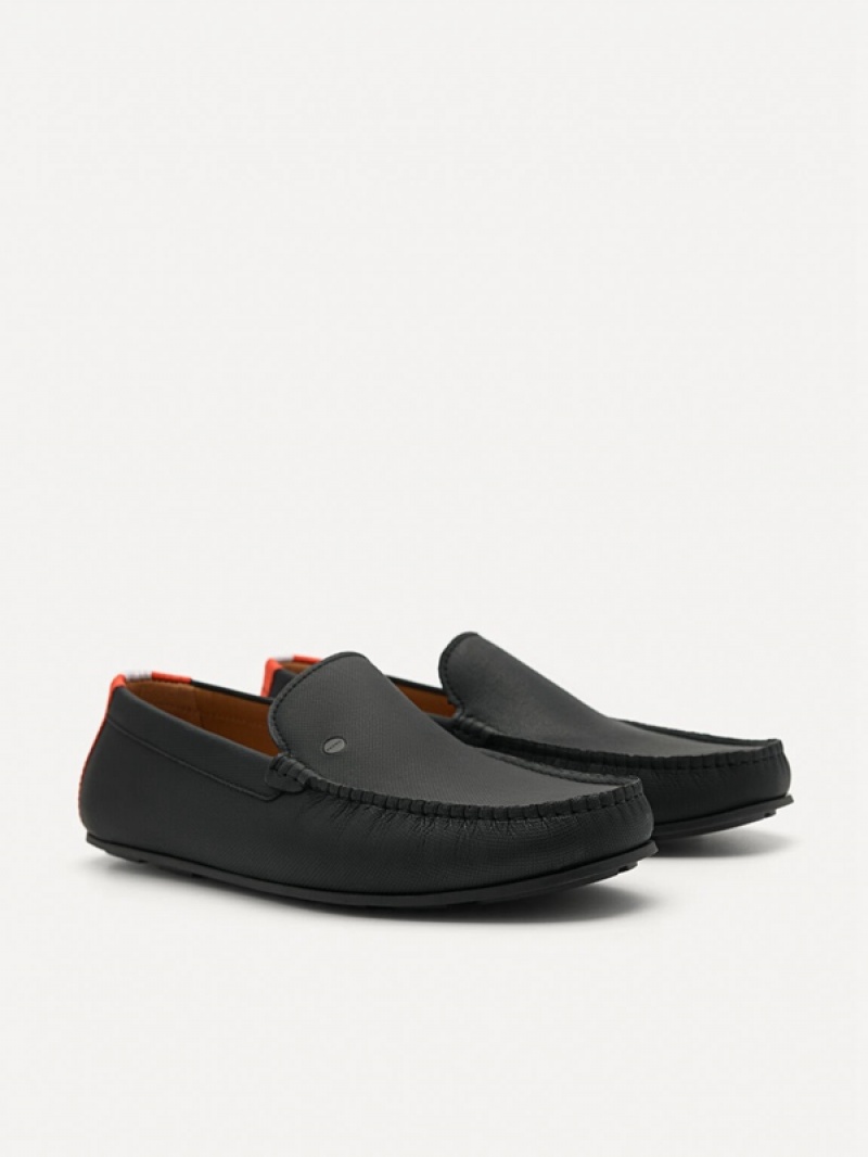 Black Men's Pedro Leather & Fabric Slip-On Moccasins | GIYELD-301