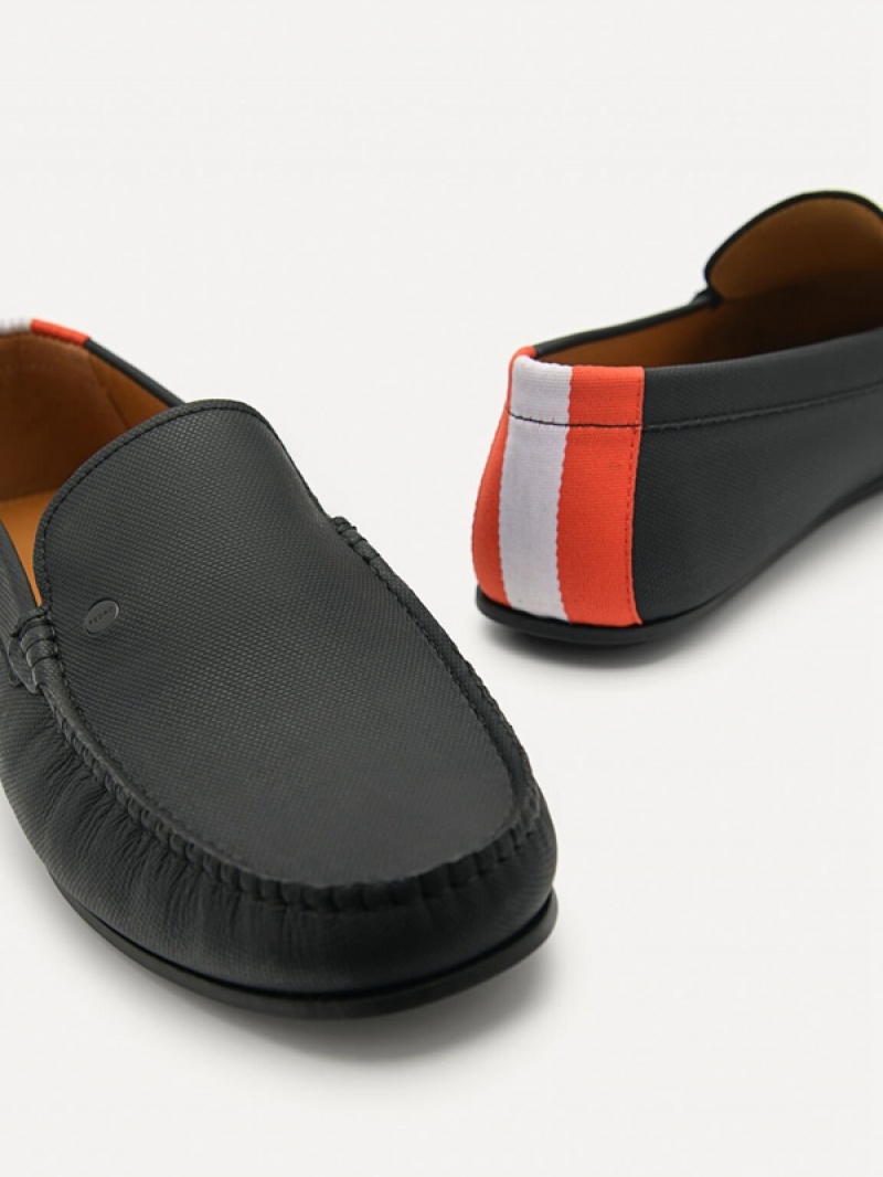 Black Men's Pedro Leather & Fabric Slip-On Moccasins | GIYELD-301