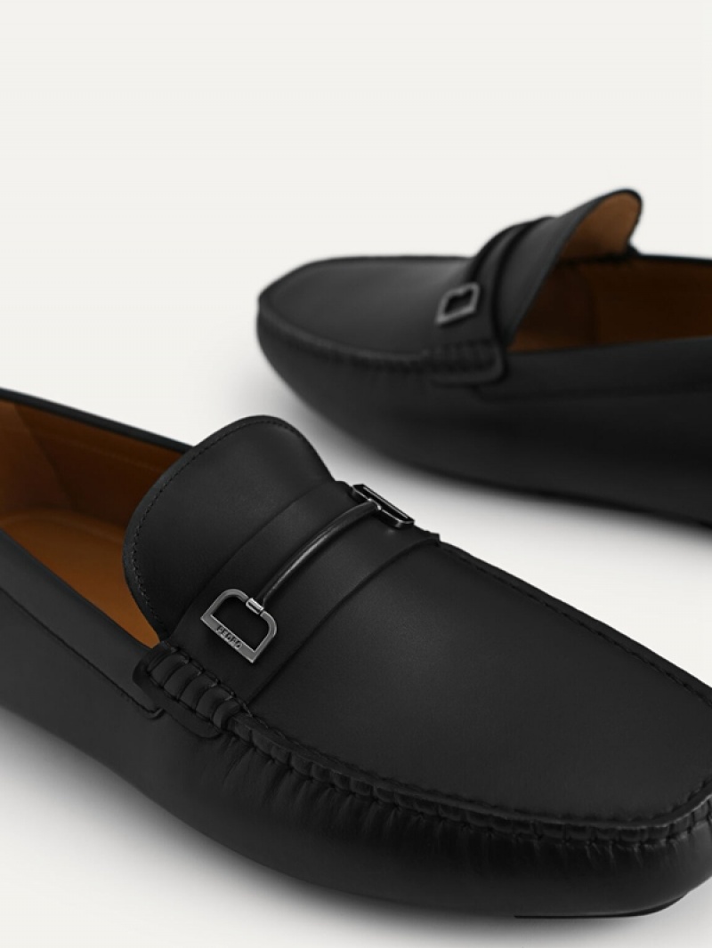 Black Men's Pedro Leather with Metal Bit Moccasins | AZYUMS-697