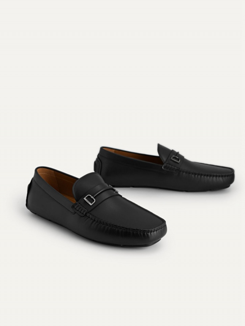 Black Men's Pedro Leather with Metal Bit Moccasins | AZYUMS-697