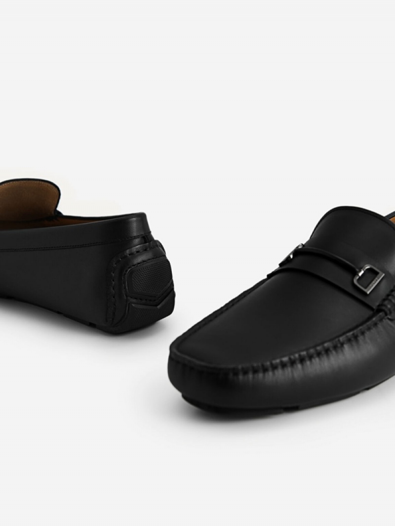 Black Men's Pedro Leather with Metal Bit Moccasins | AZYUMS-697