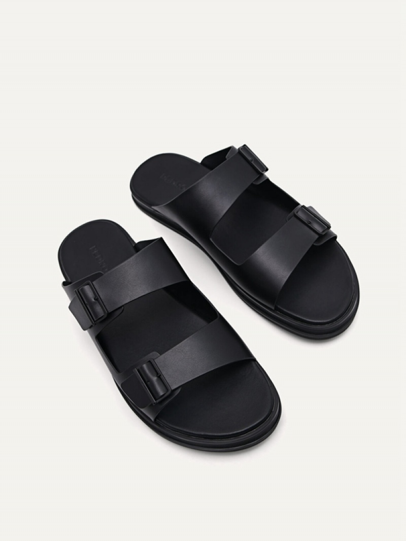 Black Men's Pedro Monochrome Double Strap Slides | FHZLGT-872