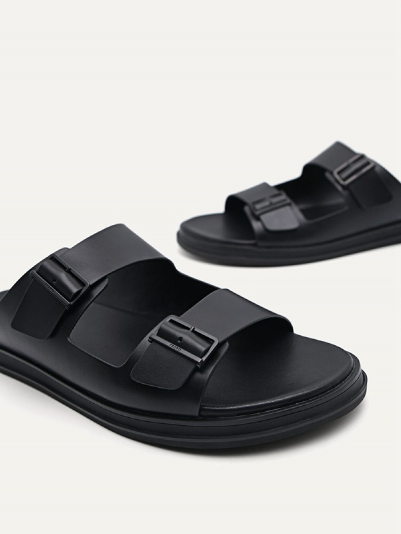 Black Men's Pedro Monochrome Double Strap Slides | FHZLGT-872