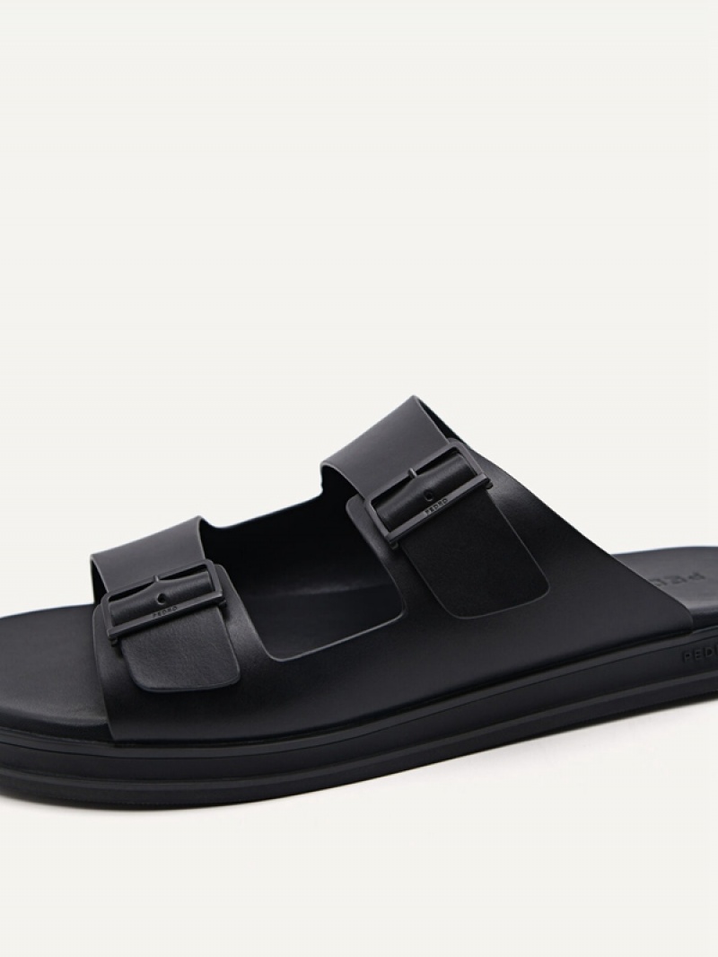 Black Men's Pedro Monochrome Double Strap Slides | FHZLGT-872