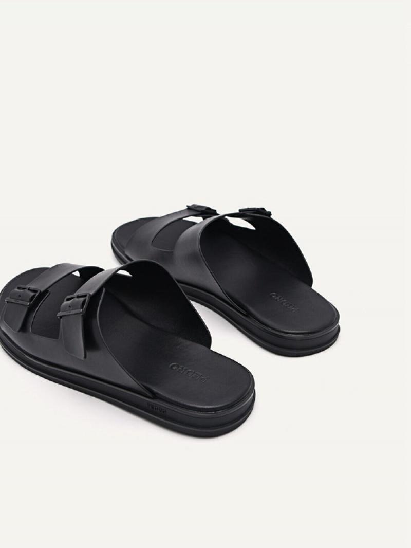 Black Men's Pedro Monochrome Double Strap Slides | FHZLGT-872