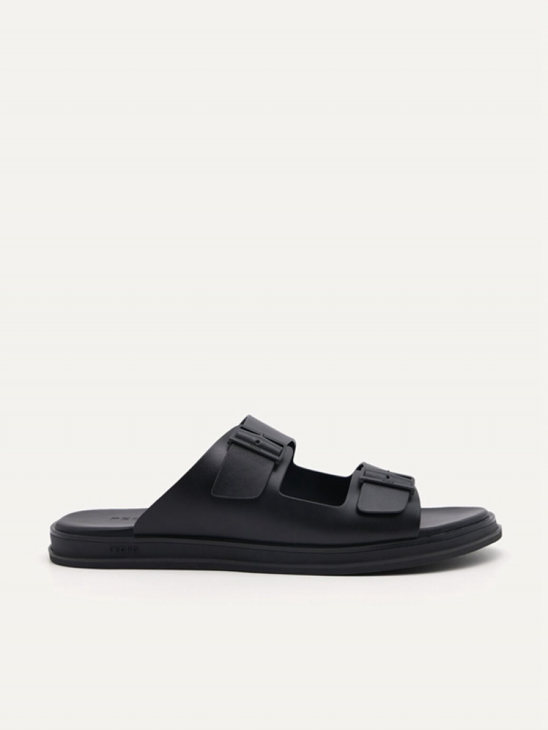 Black Men\'s Pedro Monochrome Double Strap Slides | FHZLGT-872