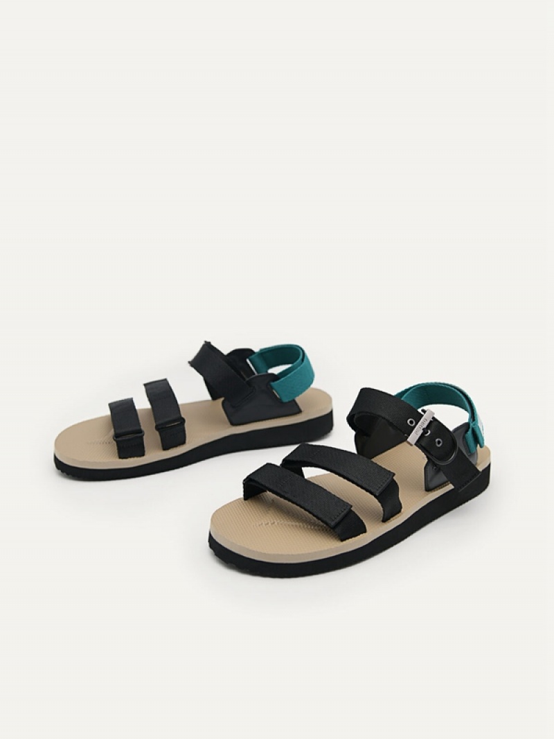 Black Men's Pedro Nylon Strap Barcode Sports Sandals | JDWLQB-685