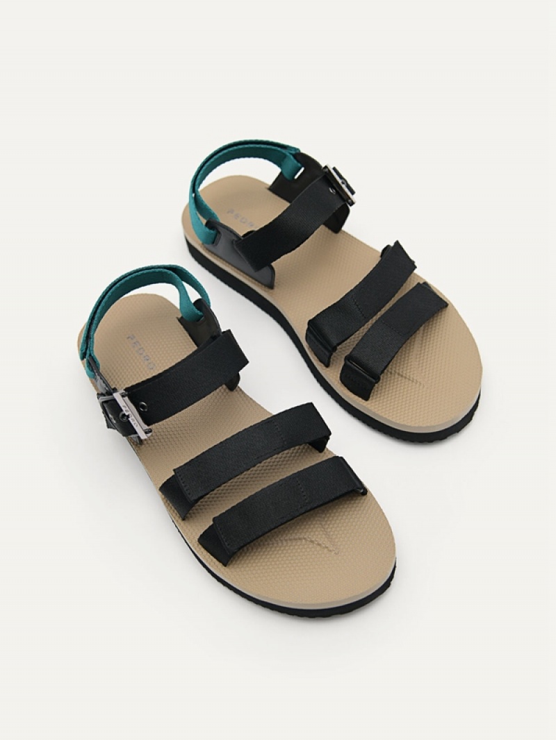 Black Men's Pedro Nylon Strap Barcode Sports Sandals | JDWLQB-685