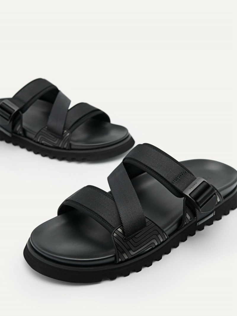 Black Men's Pedro Nylon Strap Sandals | ZMUDBQ-392