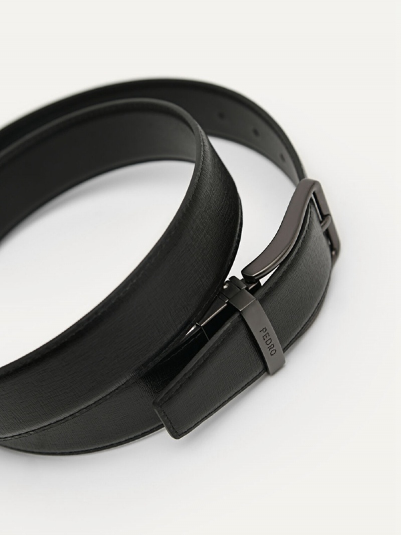 Black Men's Pedro Reversible Embossed Leather Pin Belt | DBNCSO-765