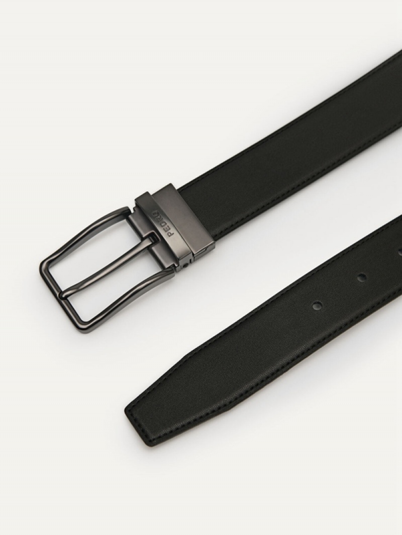 Black Men's Pedro Reversible Embossed Leather Pin Belt | DBNCSO-765