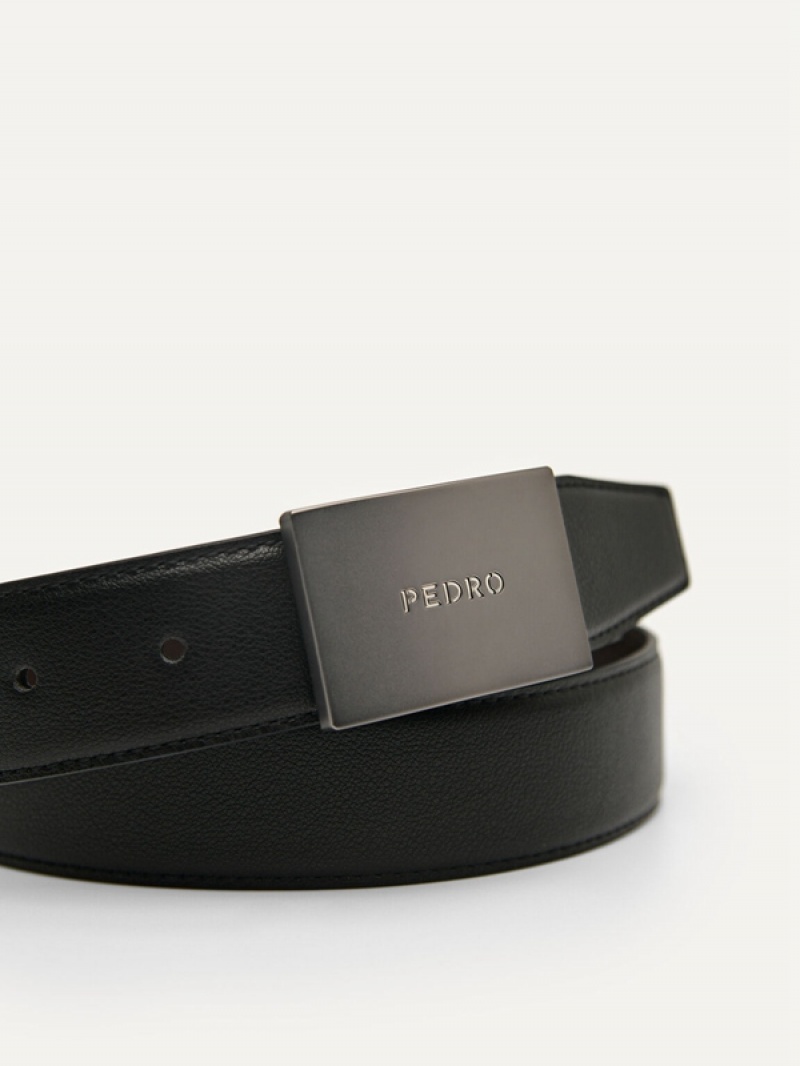 Black Men's Pedro Reversible Embossed Leather Tang Belt | QDSMUA-768