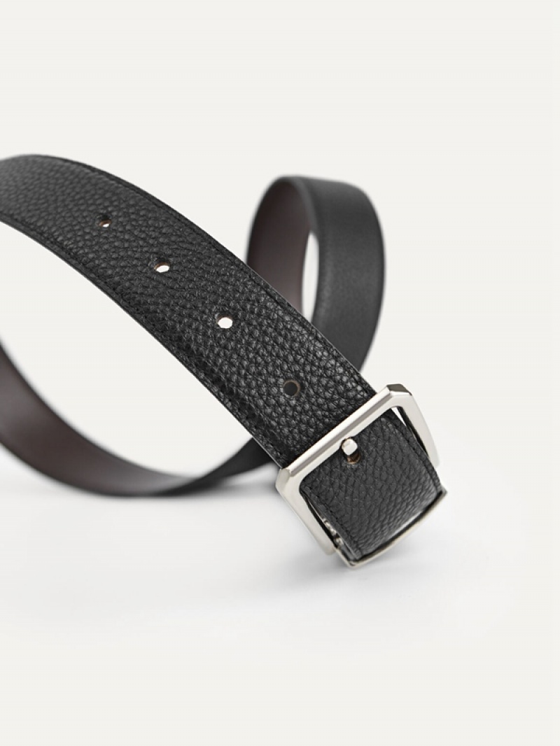 Black Men's Pedro Reversible Leather Pin Belt | OWDMCI-586