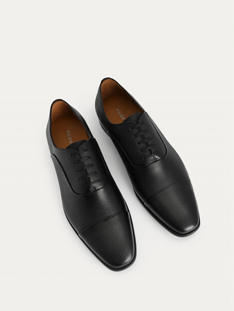 Black Men's Pedro Textured Leather Oxford Shoes | IUYPGO-759