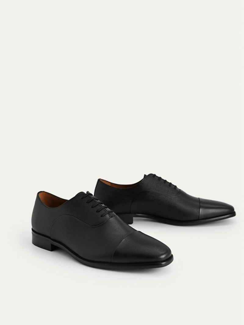 Black Men's Pedro Textured Leather Oxford Shoes | IUYPGO-759