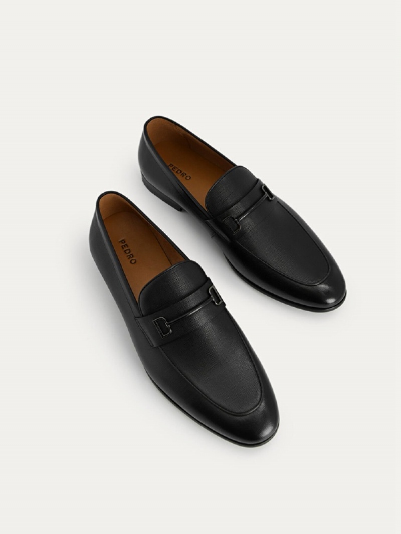 Black Men's Pedro Textured Leather with Metal Bit Loafers | IHCSFE-253