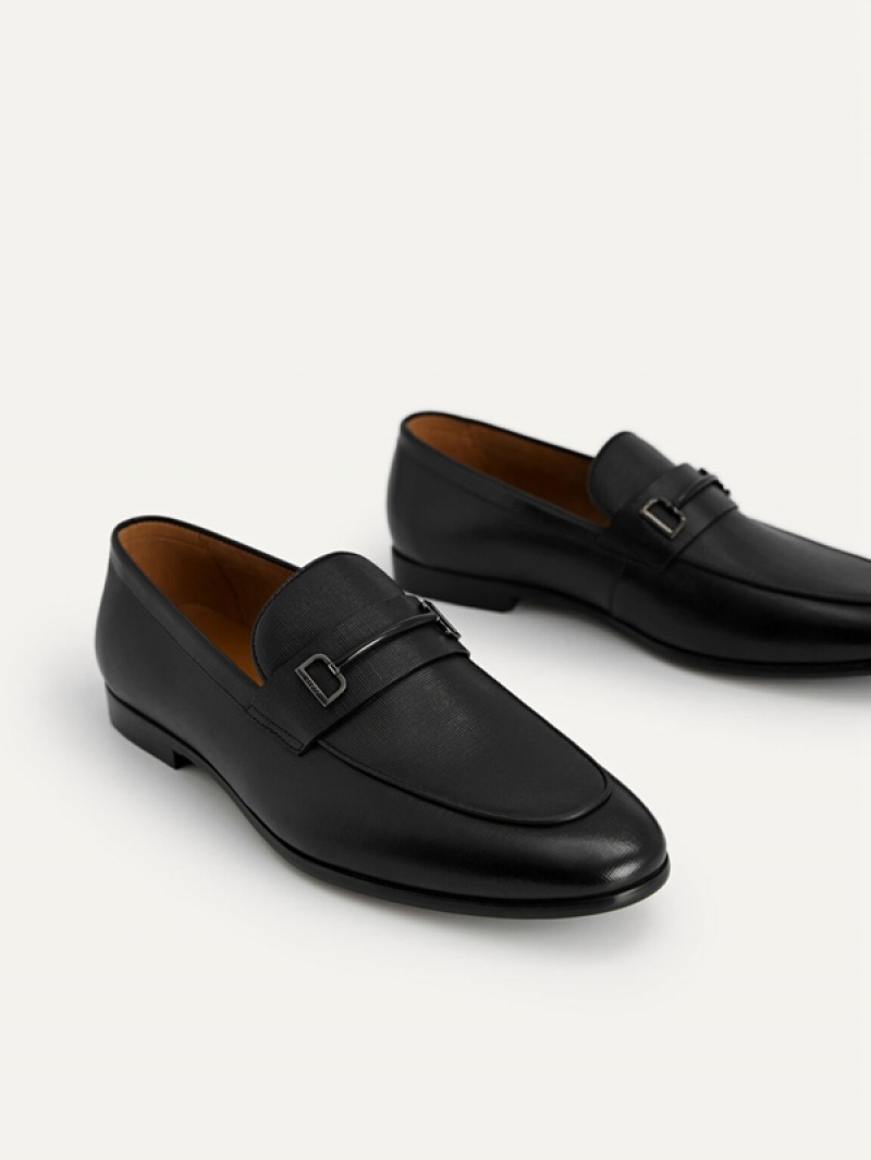 Black Men's Pedro Textured Leather with Metal Bit Loafers | IHCSFE-253