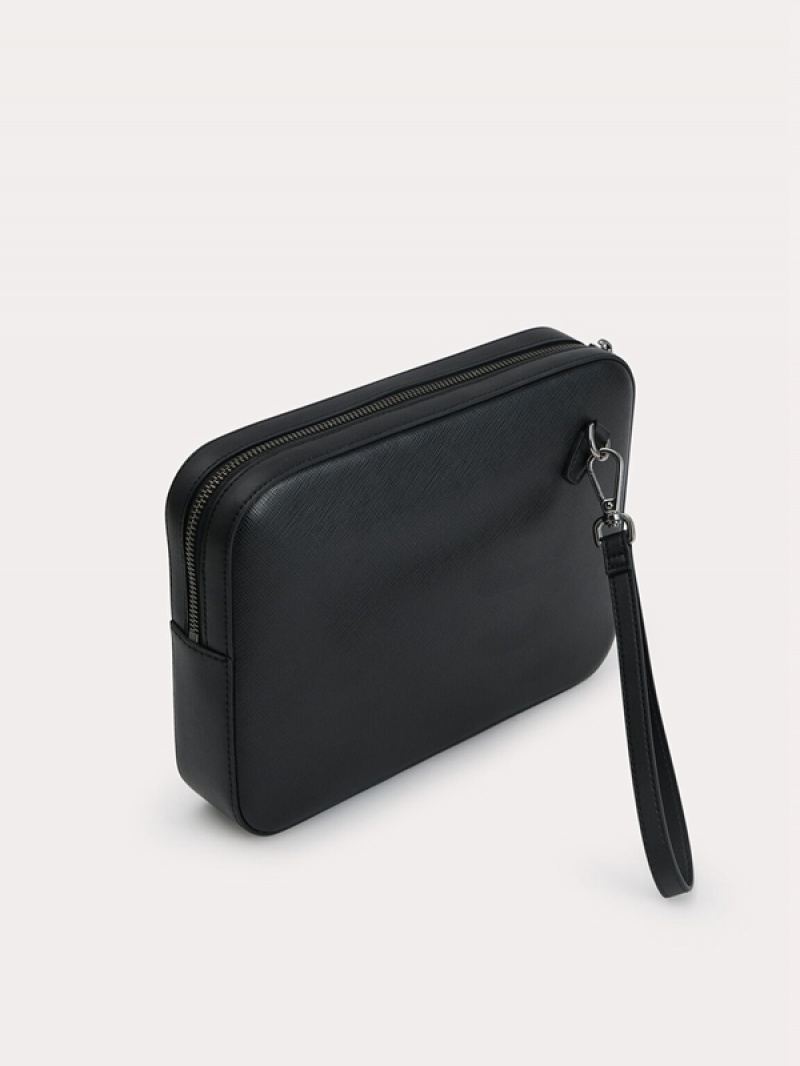 Black Men's Pedro Textured Leather with Wristlet Clutch Bag | YFCHVQ-946