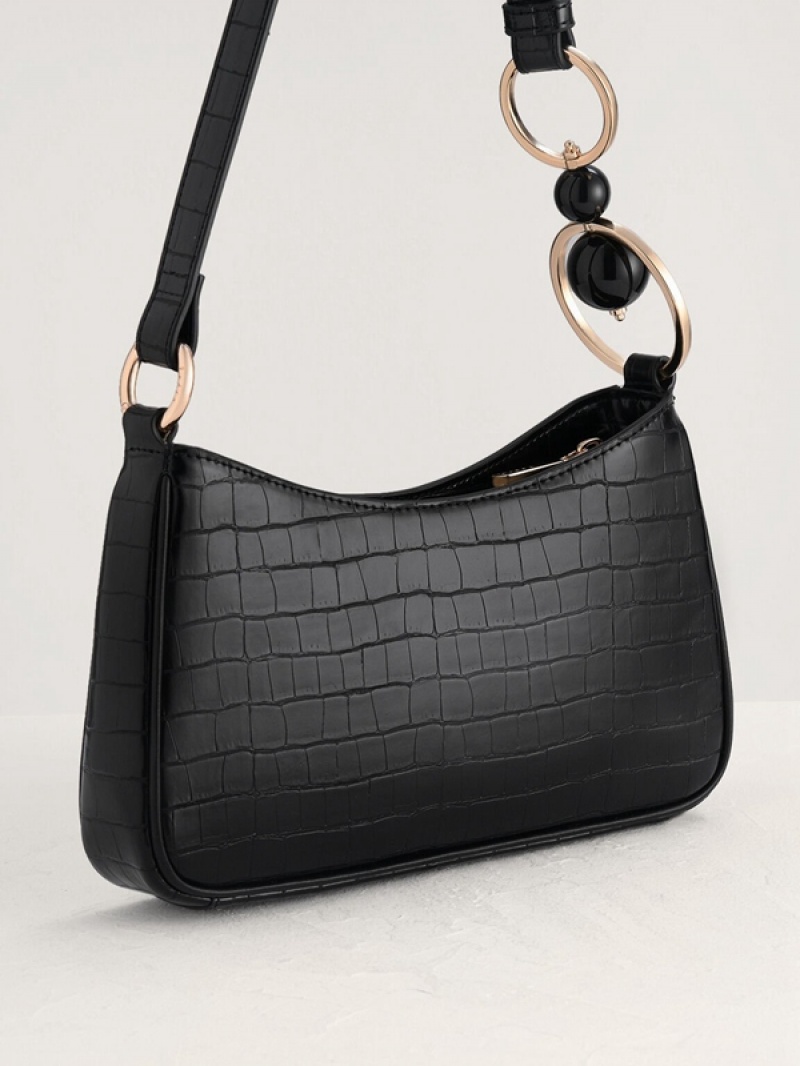 Black Women's Pedro Acrylic Embellished Croc-Effect Embossed Shoulder Bags | QTVPYX-168