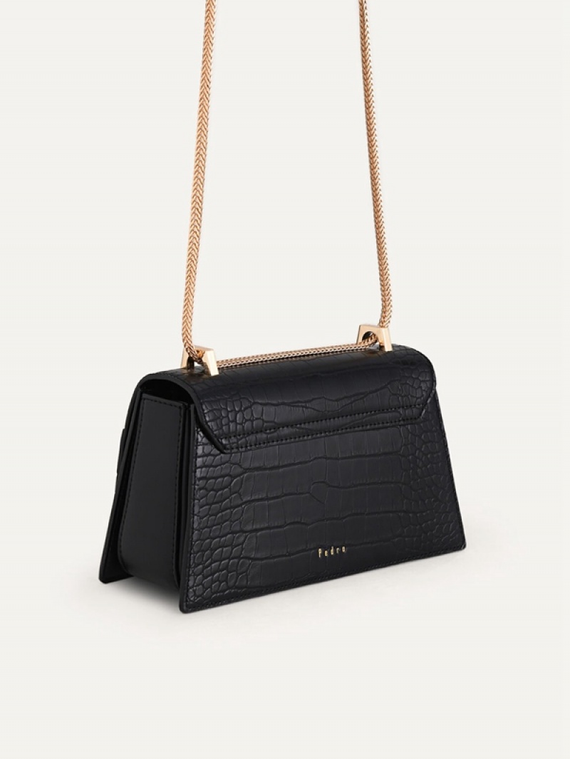 Black Women's Pedro Buckled Croc-Effect Shoulder Bags | IMUECK-690