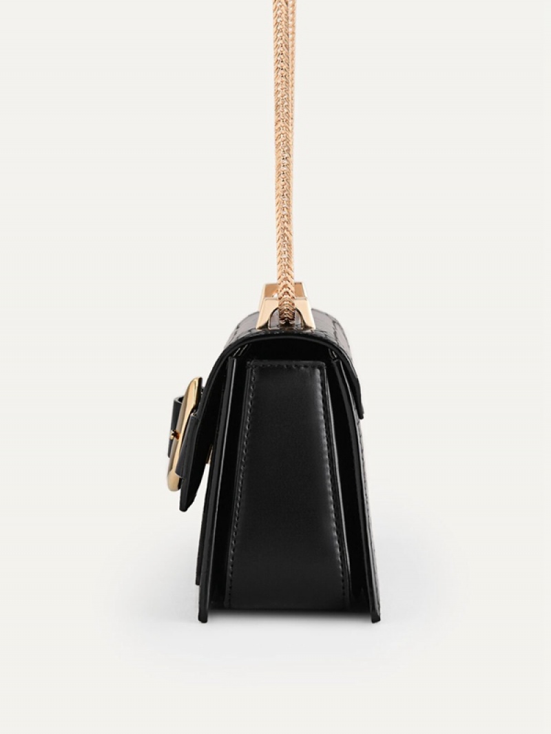 Black Women's Pedro Buckled Croc-Effect Shoulder Bags | IMUECK-690