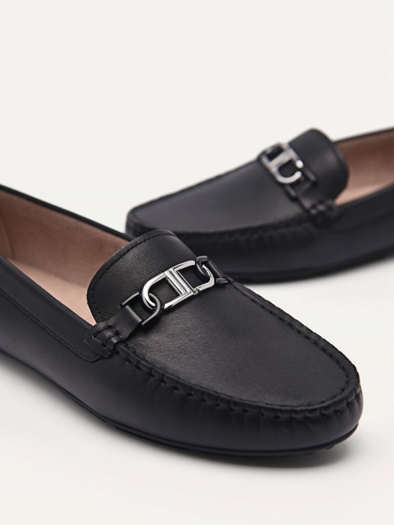 Black Women's Pedro Icon Leather Moccasins | URMJQG-735