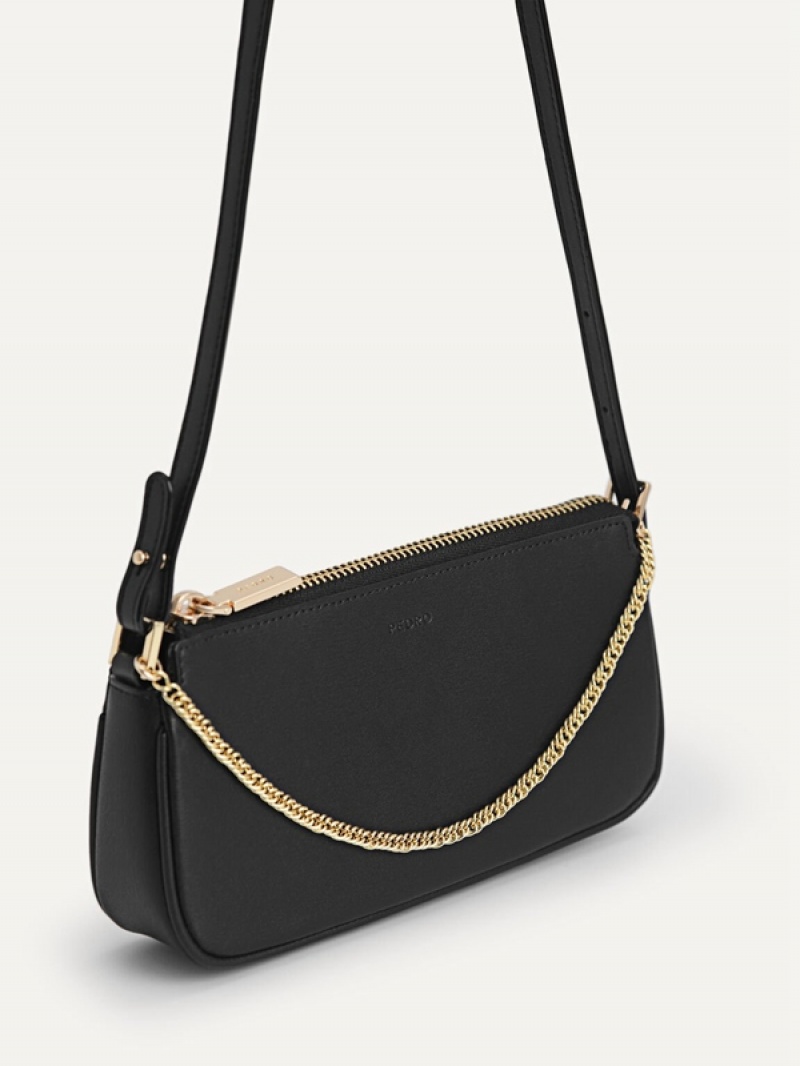 Black Women's Pedro Leather Chain Detailed Shoulder Bags | XOJWZE-240