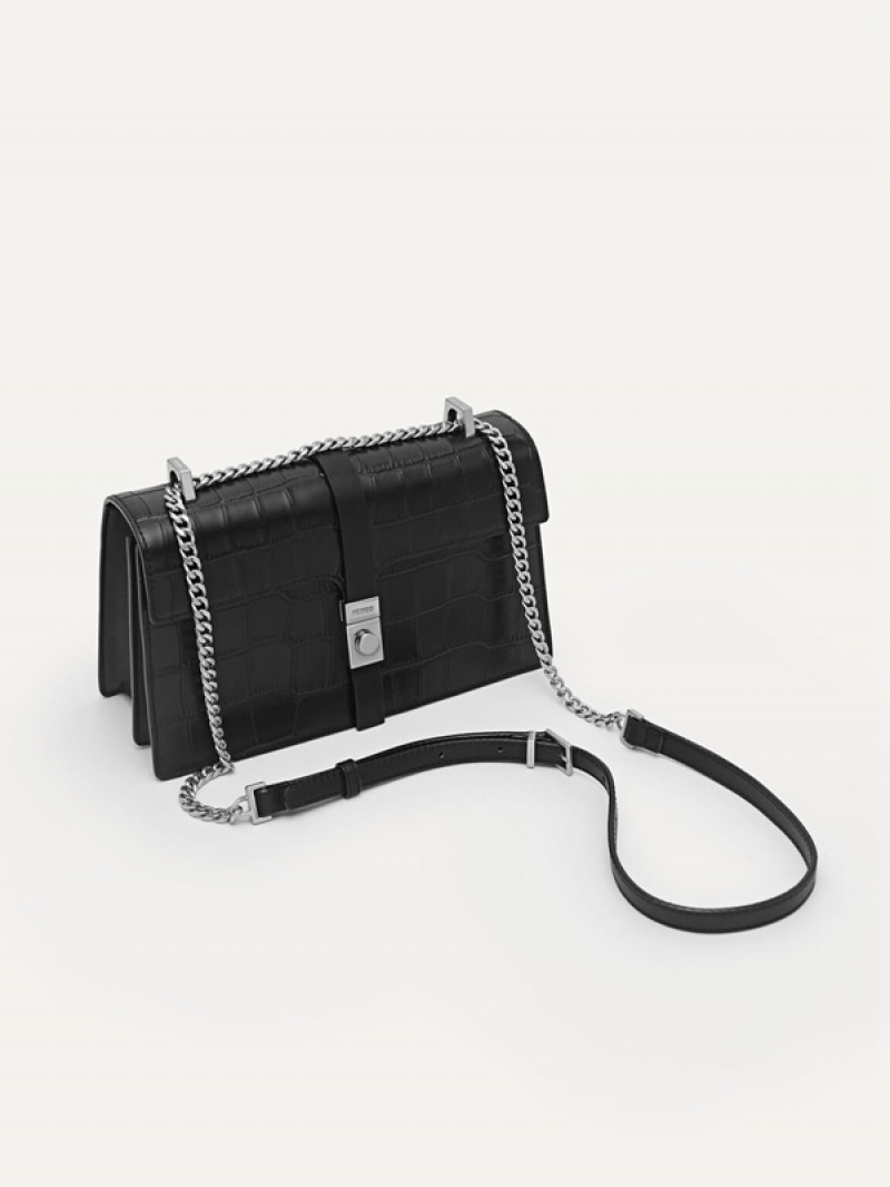 Black Women's Pedro Leather Croc-Effect Shoulder Bags | CKUZNH-109