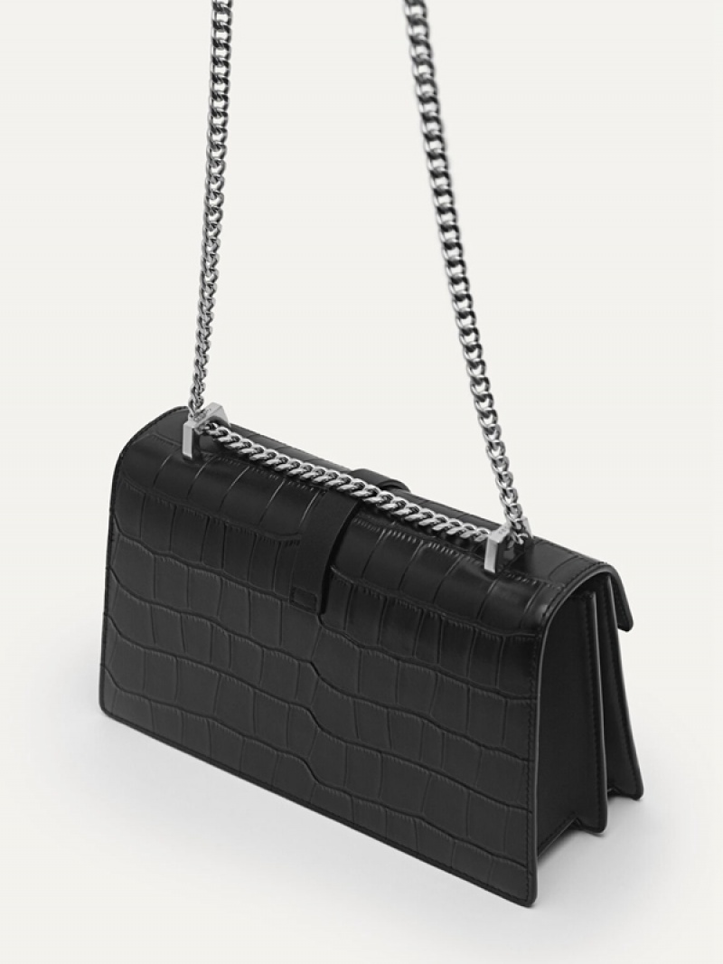 Black Women's Pedro Leather Croc-Effect Shoulder Bags | CKUZNH-109